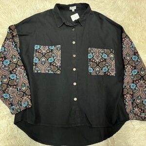 POL Black Shacket with Paisley Patterned Sleeves Size Large NWOT